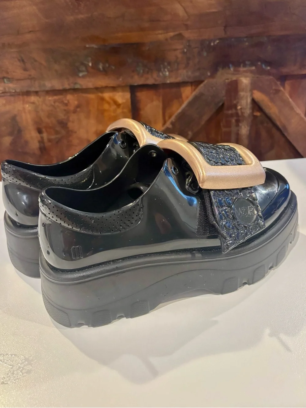 Melissa Black Patent Loafers with Bronze Square Buckle